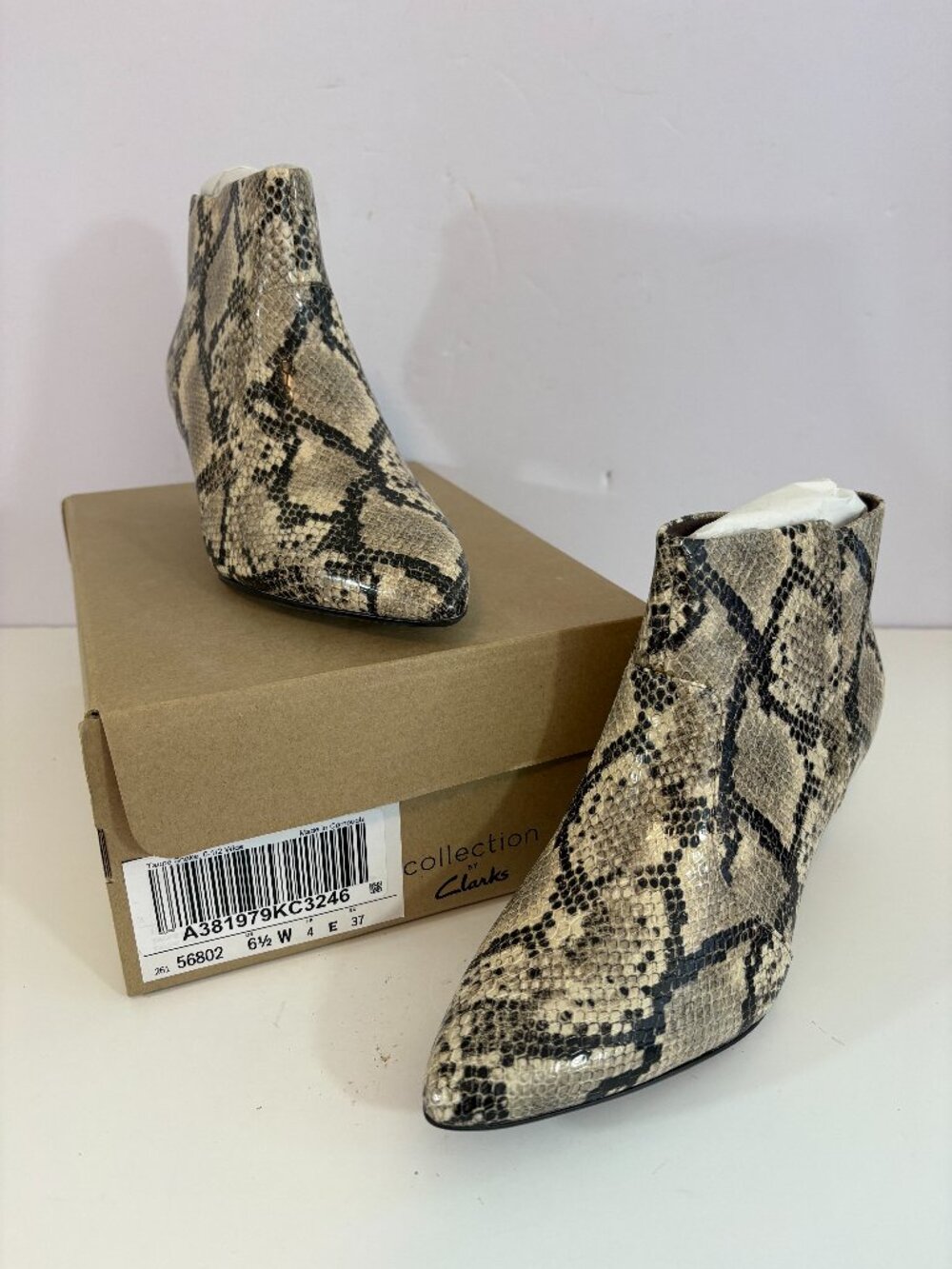 Clarks Linvale Judith Taupe Snake Heeled Ankle Boots 6.5 Wide